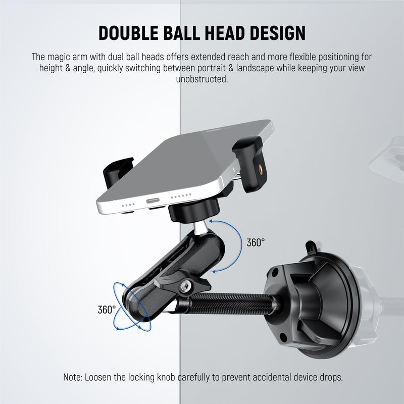 NEEWER Phone Holder for Your Car, 360° Rotating Vacuum Suction Cup Metal Cell Phone Mount Extended Magic Arm Compatible with iPhone Samsung for Windshield Skylight Navigation Video Recording, PA137