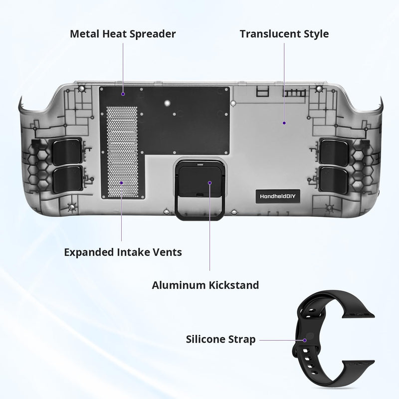 Cooling Modcase for Steam Deck LCD/OLED, Steam Deck Translucent Back Plate Accessories with Foldable Kickstand, Heat Management Shell Case, Easy Installation with Tools (Black)