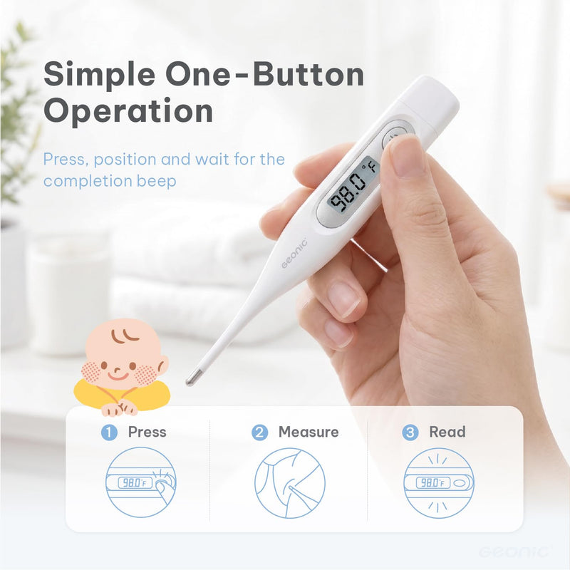 Digital Thermometer for Adults & Kids, 60-Second Reading, 3-in-1 Oral Rectal Underarm Use, Fever Alarm, Memory Recall, Water-Resistant, White
