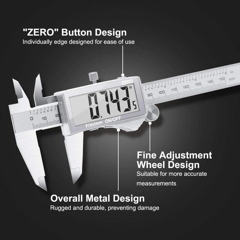 Preciva Digital Caliper, Electronic Stainless Steel Caliper Measuring Tool, Micrometer Calipers with Large LCD Screen, Switch from Inch Metric Fraction, Auto-Off Feature (6INCH/150MM) (White) White