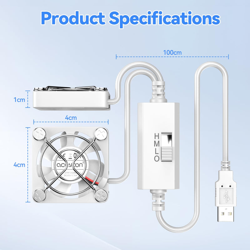 aceyoon 40mm USB Dual Fan, 3 Speed Adjustable (4000/4700/5500 RPM) Mini USB Fan with Painted Metal Grille, Portable PC Cooler for Laptop, Router, Game Console, White
