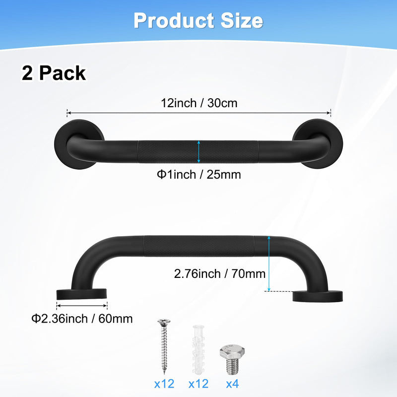 2-Pack 12 Inch Anti Slip Grab Bars for Bathtubs and Showers, Stainless Steel Safety Shower Handle for Bathroom/Toilet/Seniors/Elderly Assist Bath Handle [Black] Black