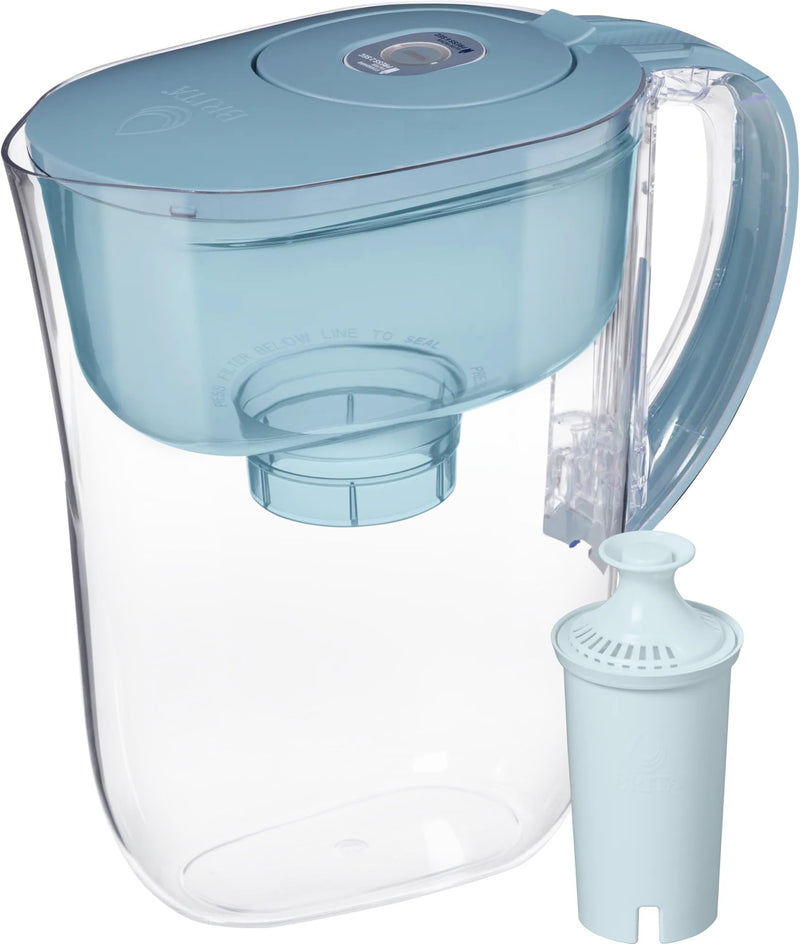 Brita Small 6-Cup Water Filter Pitcher with BritaPlus Filter, WQA NSF/ANSI Certified, Reduces 2X Contaminants vs. Standard, Removes Chlorine Taste & Odor, Reduces Zinc Copper Mercury, Stone Blue Plus