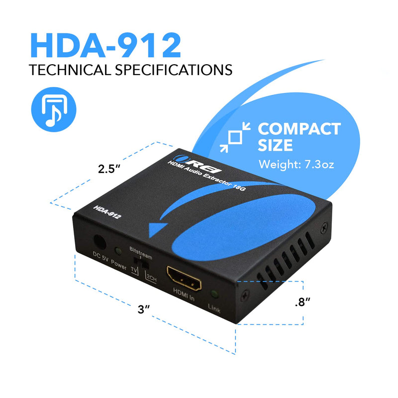 OREI 4K 60Hz 18G HDMI 2.0 Audio Converter Extractor - SPDIF + 3.5mm Output - HDCP 2.2 - Dolby Digital/DTS Passthrough CEC, HDR, Dolby Vision, HDR10 Support (HDA-912)