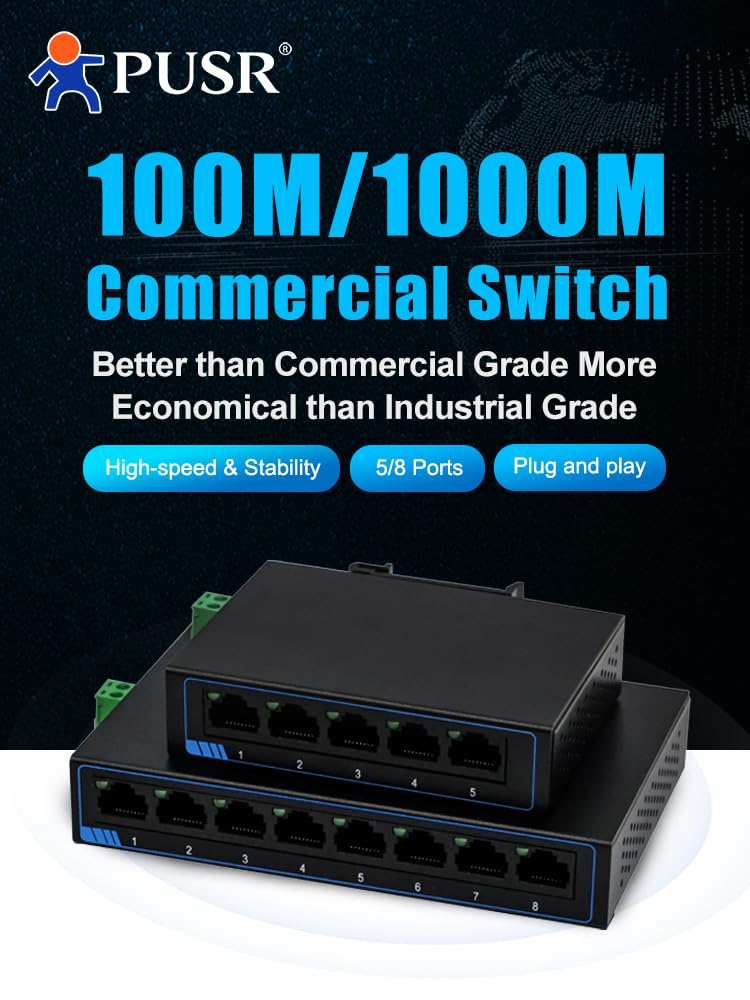 1000M 5 Ports Gigabit Ethernet Network Switch DC or Terminal Power Supply Plug and Play Supports Auto MDI/MDIX DIN Rail Installation and Desktop Placement Iron Casing USR-SG1005 1000M 5 Ports