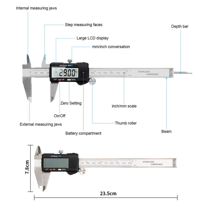 Caliper Measuring Tool, Qfun Vernier Digital Caliper Stainless Steel 6 Inch/150mm, Digital Micrometer Waterproof, Easy Switch from Inch to Millimeter, Large LCD Screen IP54-Black