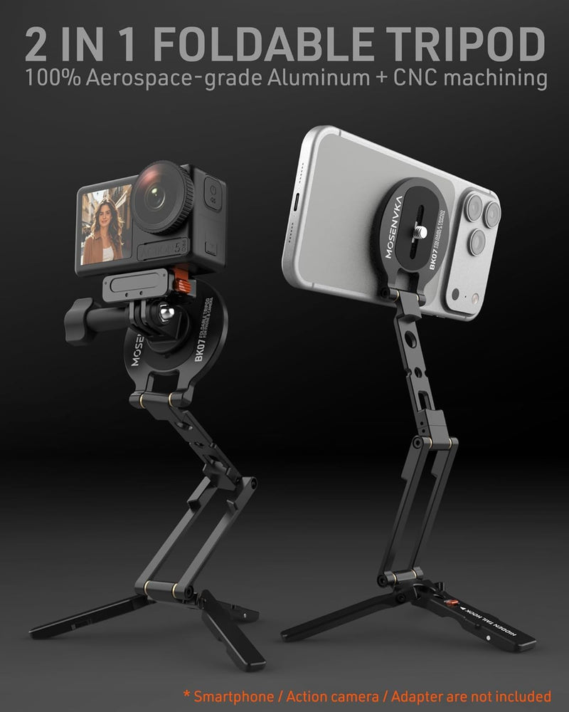 2-in-1 Magnetic Phone Tripod for MagSafe/DJI Osmo Pocket 3/4 Magnetic Mount | for Insta360 Luna Ultra, Foldable Phone Desk Stand with Arca-Swiss 1/4" Screw Hook Holder for GoPro 13/12 | Design Patented
