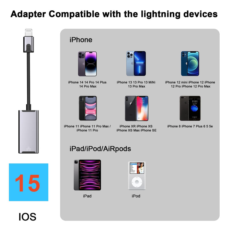 [Apple MFi Certified] LAN Network Lightning to Ethernet Adapter for iPhone | 1.6ft RJ45 Ethernet Adapter with 8Pin Compatible for iPhone 14/13/12/11/XS/XR/8/7/6/iPad/iPod,Plug and Play LBlack
