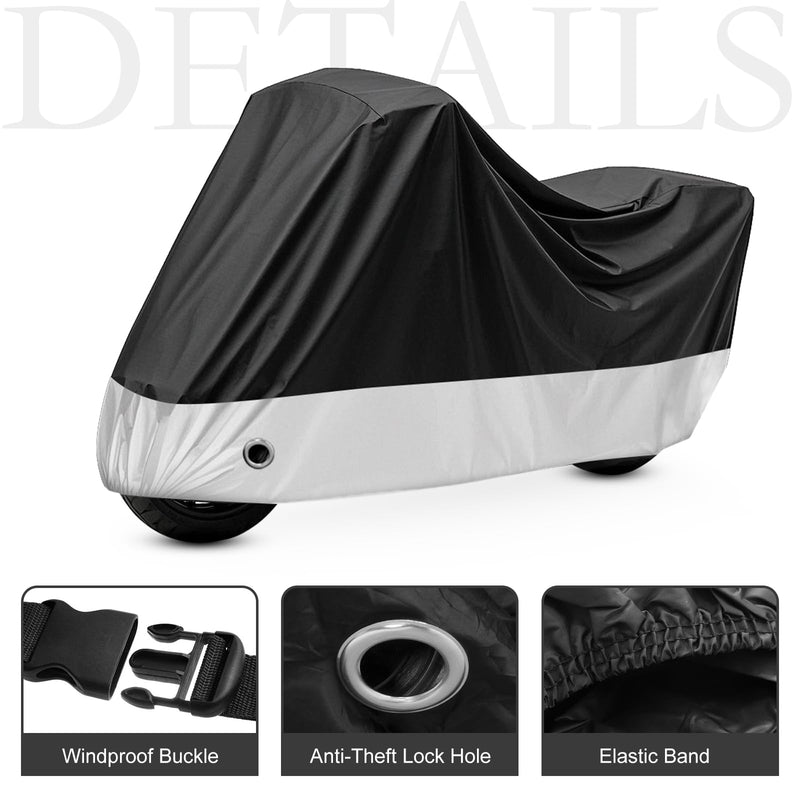 Motorcycle Cover Black All Season Waterproof Sun Outdoor Protection, Fits up to 91" Motorcycle Vehicle Cover (L Large & Lockholes & Storage Bag) 91"