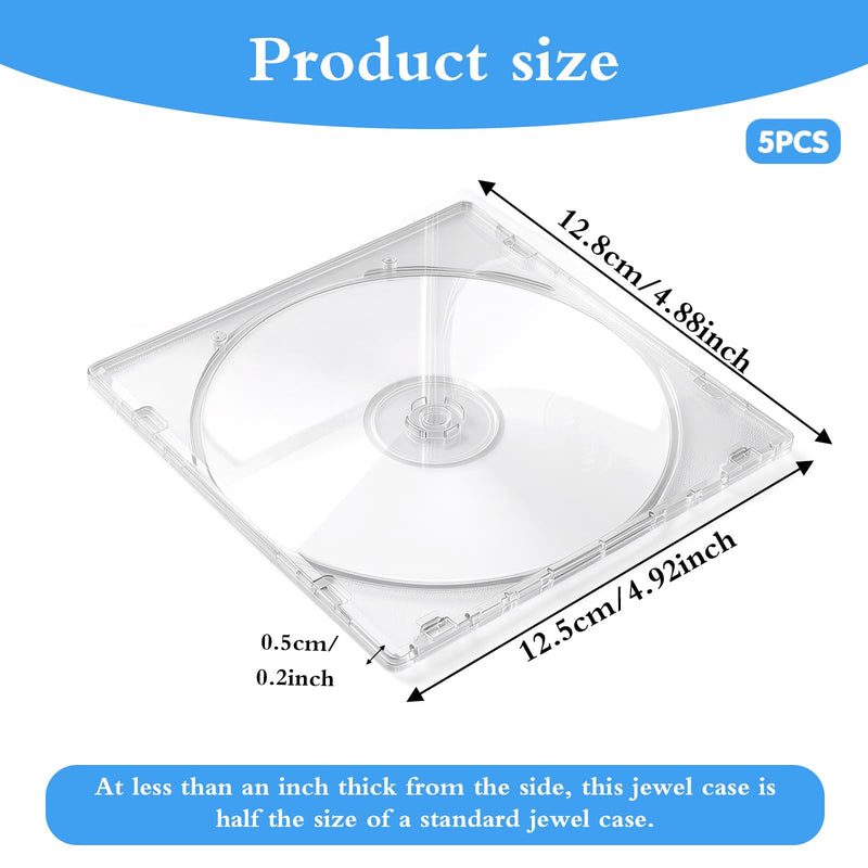5 Pack CD DVD Blu-Ray Clear Slim Jewel Cases, 5.2 mm | CD Case Slim Single Super Clear PP Poly Plastic CD DVD Case Disc Storage Wallets(Clear, 5.0 × 4.9 × 0.2 in)