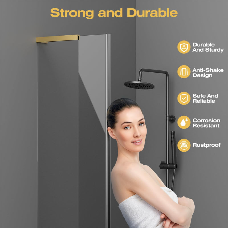 Heavy Duty Fixed Glass Clamp Support Bracket for Frameless Shower Doors,Reliably 304 Stainless Steel Stabilizing Bar for 6-12mm Glass Panels,No-Drill Installation,Mirror Gold Left Side Glass Polished Gold