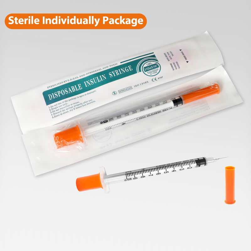 100 Pack U-100 1cc 31 Gauge 5/16 Inch Syringes with Needle, Individually Packed 100