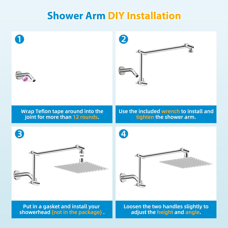 iFealClear All Metal 16" Shower Head Extension Arm, Solid Brass Shower Head Extender Adjustable Height Angle, G1/2 Universal Connection Stainless Steel Pipe with Lock Joint for Rain Showerhead, Chrome 16 Inch