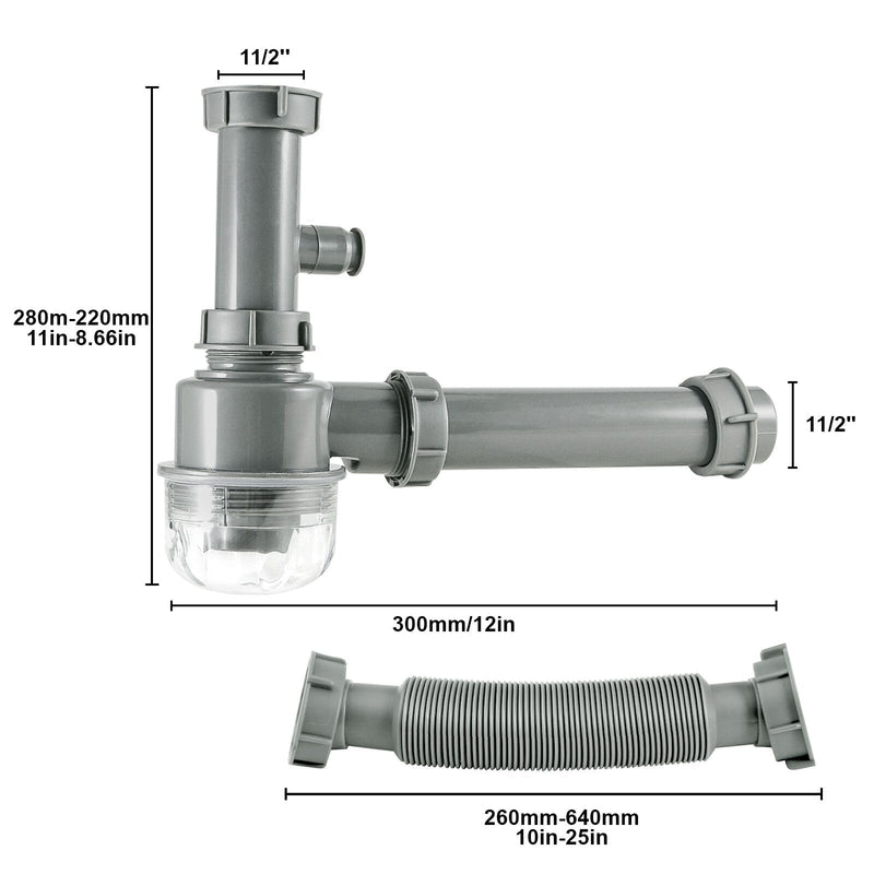 1 1/2" Kitchen Sink Drain Kit P-Trap Strainer Adjustable Height with 304 Stainless Steel 3-1/2" Sink Drain Assembly Kit for Kitchen Bar and RV Single Sink Drain Kit Gray