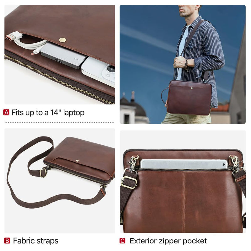 Hiram Laptop Shoulder Bag Handmade Crazy Horse Leather Briefcase Lightweight Computer Bag Coffee