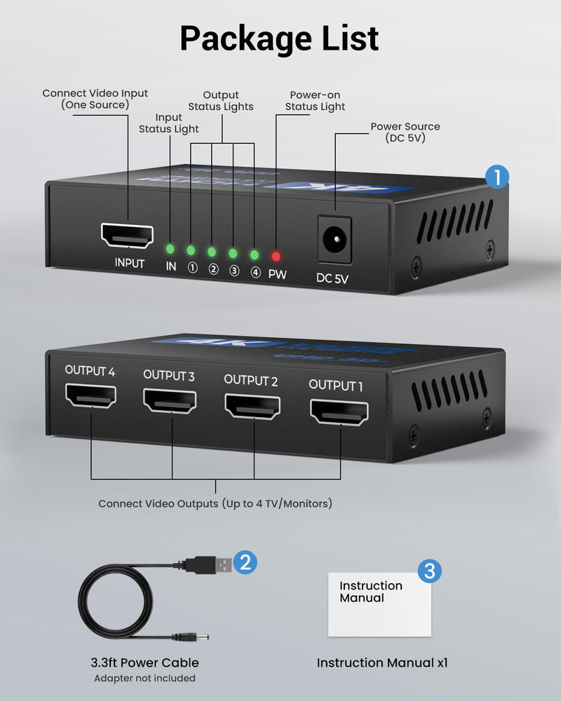 HDMI Splitter 1 in 4 Out 4K 30Hz HDMI-Splitter for 4 Monitors | with USB to DC Power Cable, 4 Way HDMI Distribution, Multi HDMI Adapter for PC/Laptop/HDTV/Projector, Mirror Only, Not Extend 1x4