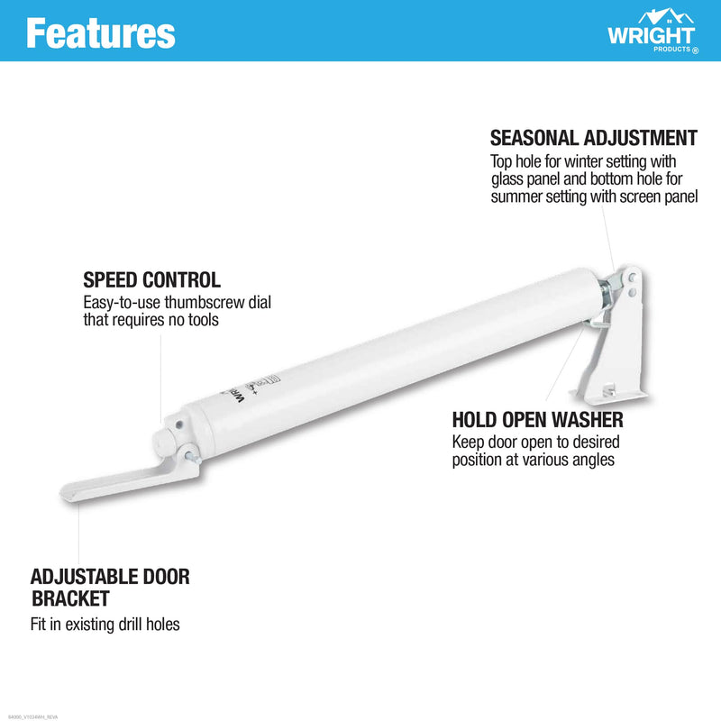 Wright Products Pneumatic Storm Door Closer & Push Button Latch Combo Kit – Adjustable, Smooth-Closing with Hold-Open Feature (Modern, White) Modern