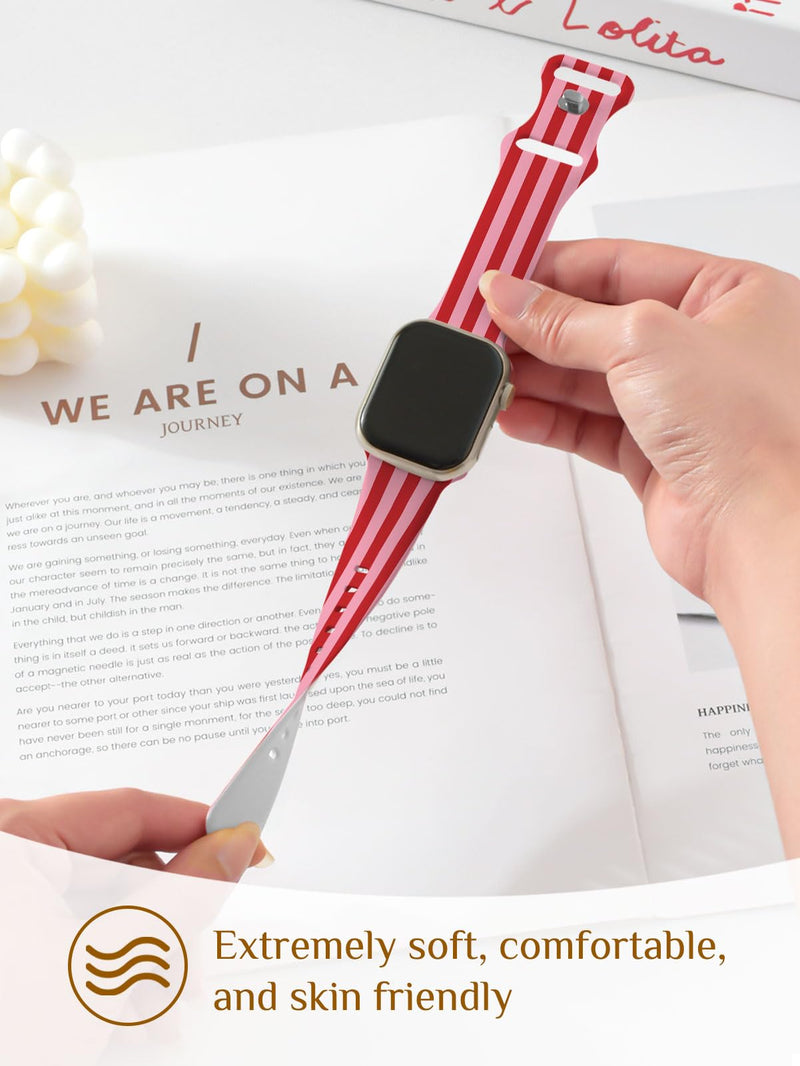 Cute Watch Band Compatible with Apple Watch for Cherry Bow Watch Strap Women, Soft Silicone Compatible with iwatch Series 11 10 9 8 7 6 5 4 3 2 1 SE Ultra 38 40 41 42 44 45 46 49mm Striped - red 38mm/40mm/41mm/42mm(Series 11 10)