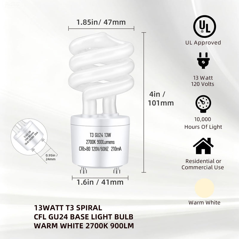 GU24 13Watt 2700K 900lm CFL Light Bulbs, T3 Spiral Gu24 Base 2 Prong (60W Equivalent) Soft White Compact Fluorescent Light Bulbs, UL Approved, 120v 60Hz, Self Ballasted, Indoor Use (8 Pack) Pack of 8