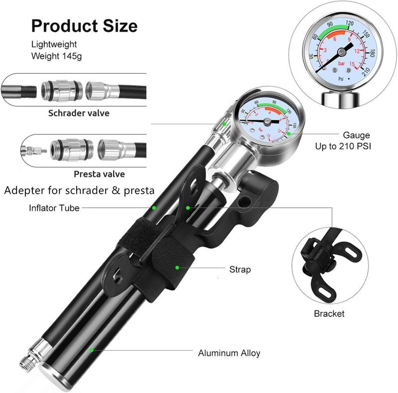 YBEKI Bike Tire Repair Kit with 210PSI Mini Pump & 10-in-1 Multi-Tool | Includes Chain Breaker, Glueless Patches, Tire Levers & Portable Bag | for Road, Mountain & BMX Bicycles Black