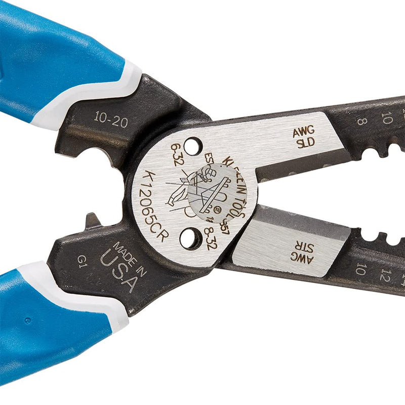 Klein Tools K12065CR Wire Stripper / Cutter / Crimper Tool, Made in USA, for Cutting, Stripping, Crimping, Twisting (8-18 AWG solid, 10-20 AWG stranded) Crimping Pliers