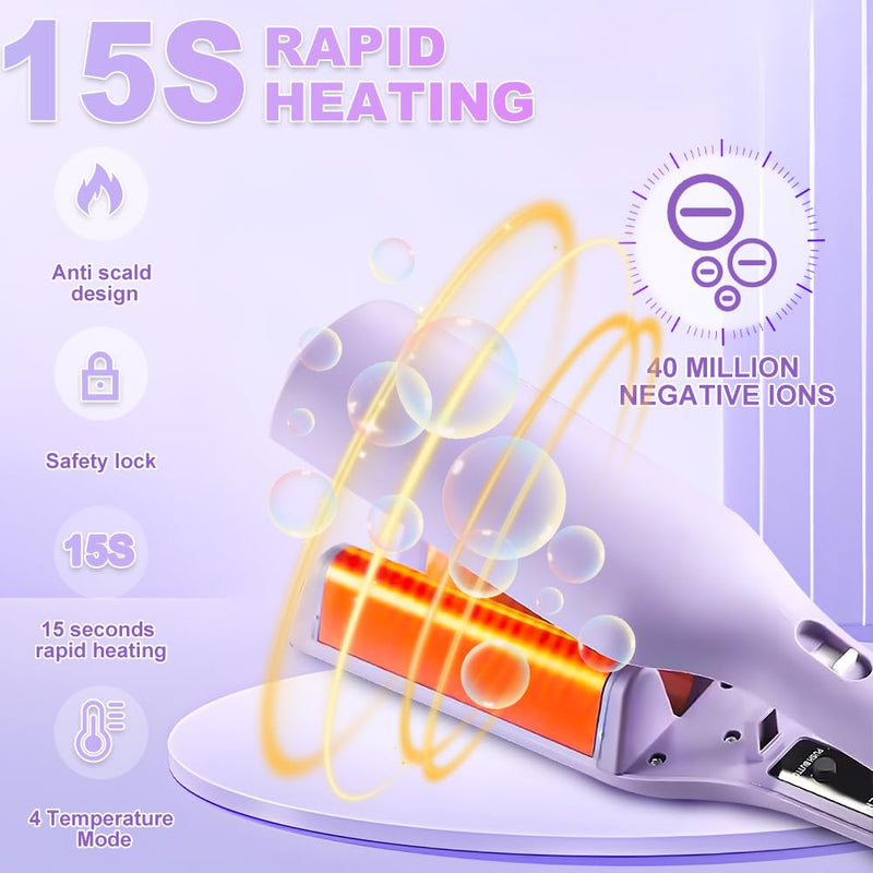 Mermaid Hair Waver, Wave Curling Iron with 4 Temperature Control, 15s Rapid Heating French Wave Curling Iron for Women, V Shaped Beach Waver Hair Curler for Short/Medium/Long (32mm Purple)
