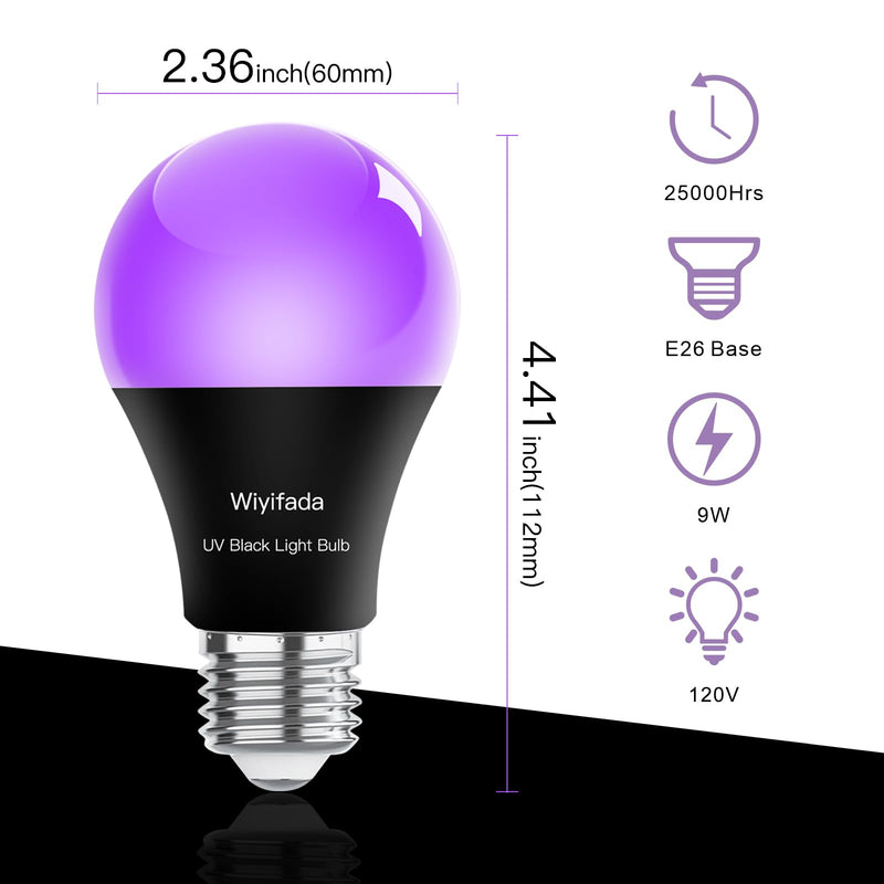 LED Black Light Bulbs 12 Pack, A19 9W UV Black Light Replace Up to 100W, 120V E26 Base UVA Level 385-400nm, Glow in The Dark for Body Pain, Blacklights Party, Halloween