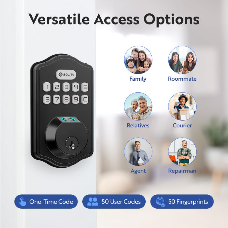 Solity Smart Digital Electronic Deadbolt Door Lock, Keyless Entry, Auto Lock, 50 Custom Codes & Fingerprints, Easy Installation, Keypad for Front & Back Door, AT10 Matte Black Matt Black