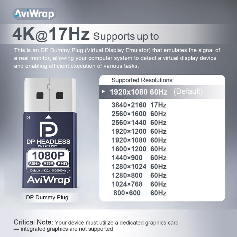 4K DisplayPort Dummy Plug,Virtual Monitor EDID Emulator | Headless Ghost Display Emulator Support 4K@17Hz,2K@30Hz,1080p@60Hz, for Remote Desktop, Crypto Mining, OBS,Game Streaming DP|4K 17Hz