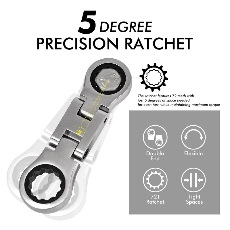 Stubby Wrenches Set, Flex Head Ratcheting Wrench Set Double Box End Ratchet Wrench 1/4 to 13/16 inch 5 Pieces SAE (SAE)