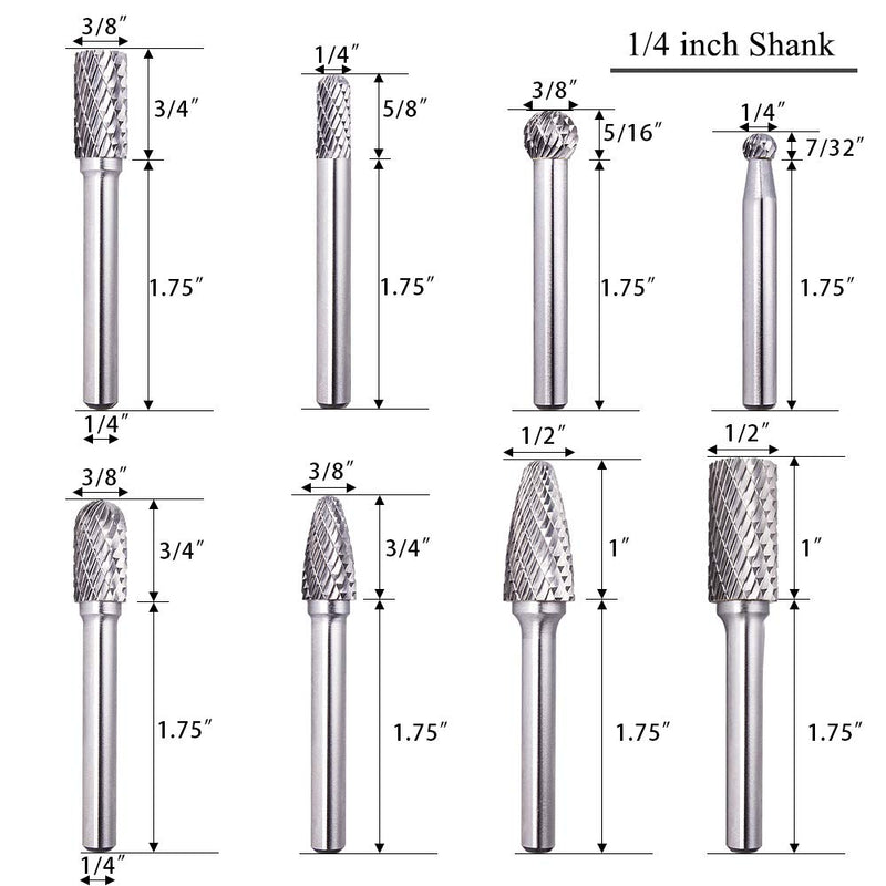 TJATSE Professional 8-Piece Double Cut Carbide Rotary Burr Set 1/4" Shank with Tool Carry Case, for Die Grinder Drill, Metal Wood Carving, Engraving, Polishing, Drilling