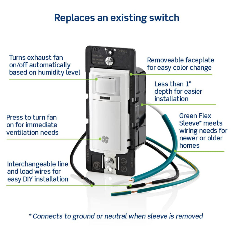 Leviton Humidity Sensor Switch for Bathroom Exhaust Fan, Automate Ventilation, Air Circulation, Moisture Control, ¼ HP, Single Pole, DHS05-1LT, Light Almond