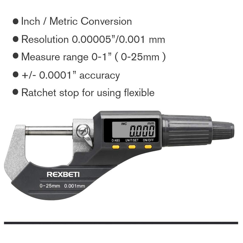 REXBETI Digital Micrometer, Professional Inch/Metric Measuring Tools 0.00005"/0.001 mm Resolution Thickness Gauge, Protective Case with Extra Battery 0-1" Digital Micrometer