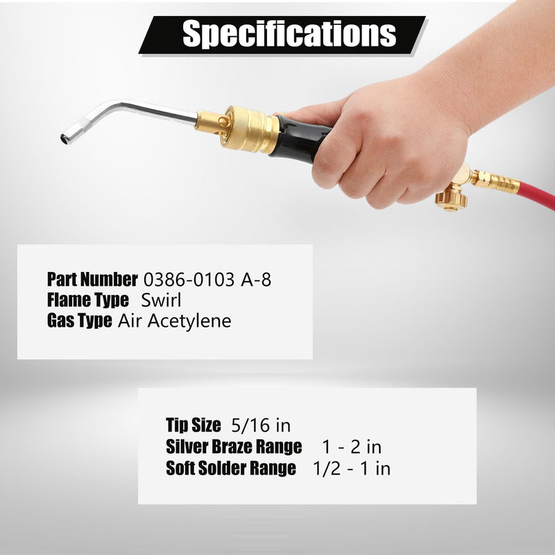 0386-0103 A-8 5/16" Air Acetylene Tip for Torch G-4 or PLF-A5 Handles, Soft Solder 1 to 2 in, Silver Braze 1/2 to 1 in, Manual Lighting, Quick Connect, Removable Orifice Screw A8