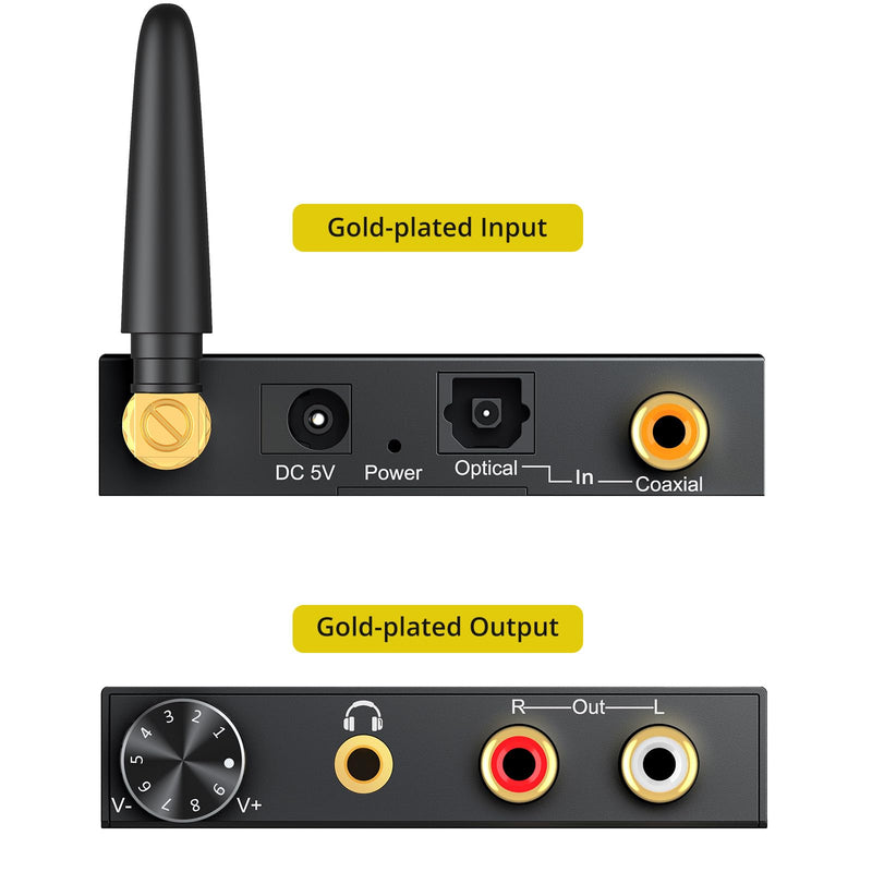 PROZOR 192kHz Digital to Analog Audio Converter with 5.0 Bluetooth Receiver,Optical to L/R Converter with Volume Adjustable, Optical Coaxial Bluetooth Digital Audio to Stereo Analog L/R & 3.5mm DAC Bluetooth Receiver with Adjustable Volume