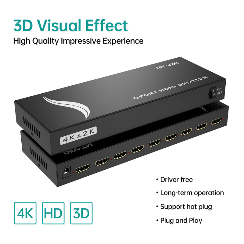 MT-VIKI 4K 1x8 HDMI Splitter 1 in 8 Out, 8 Port Powered HDMI Splitter Multi Monitor Outputs 3D 4Kx2K@30Hz for Projector, HDTV