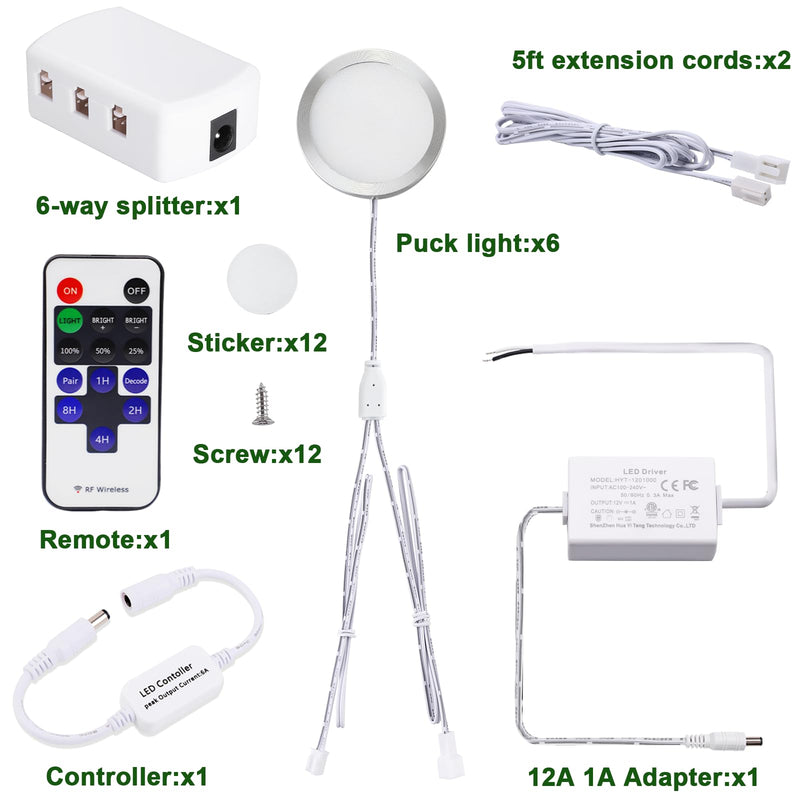 AIBOO Linkable Under Cabinet LED Lighting Direct Wired 12V Slim Aluminum Dimmable Puck Lights with RF Remote Control for Kitchen Cabinets Counter, Closet Lights(6 Kit, Warm White, NO Wall Plug) 2700K Warm White