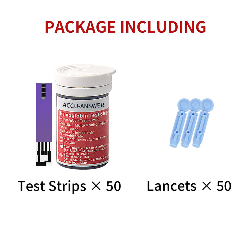 50 Test Hemoglobin Test Strips for ACCU-Answer 4-in-1 Test Meter, 50 Lancets Total Included. No Code Card Need, Accurate and Fast, Easy to Use and Read