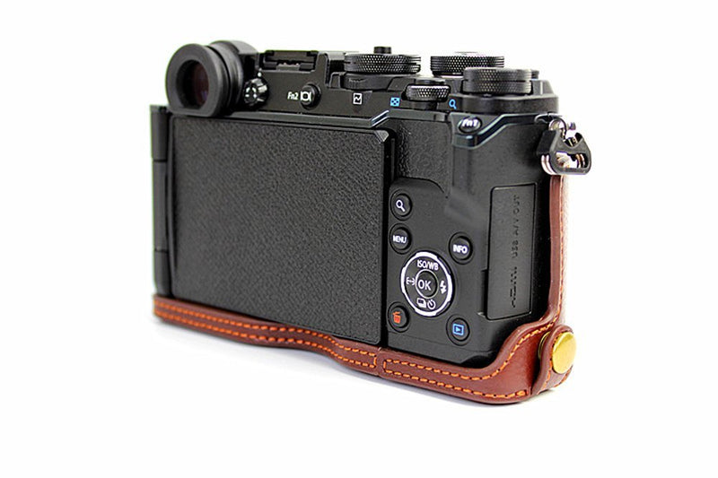 PEN-F Case, BolinUS Handmade Genuine Real Leather Half Camera Case Bag Cover for Olympus PEN-F Bottom Opening Version + Hand Strap - Coffee Natural