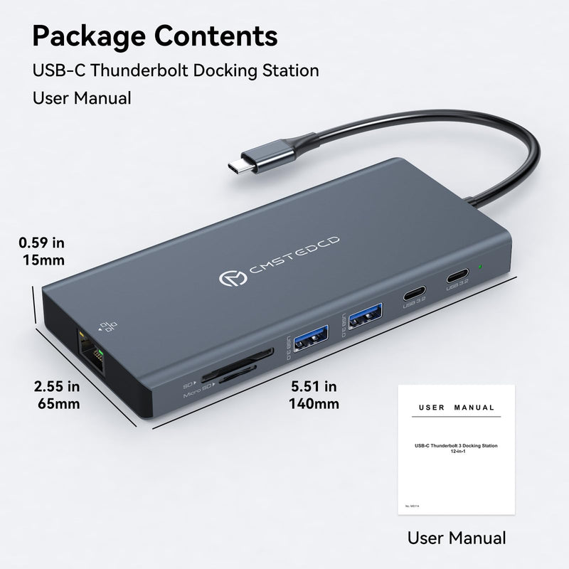 USB C Docking Station 3 Monitors 100W PD 12 in 1 Thunderbolt to Triple Displayport Monitors Docking Station USB C Hub Multiple Adapter, 2xUSB-C 3.2, 2xUSB-A 3.0, SD Card, 1000Mbps Ethernet Light Grey