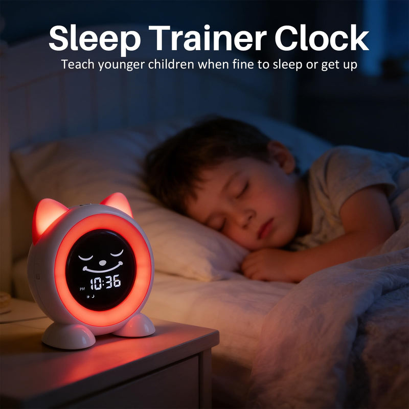 Toddlers Sleep Training Clock, Ok to Wake Clock with Red Green Light,Emoji,Nap Timer, Gift Idea for Toddler Girls Boys White