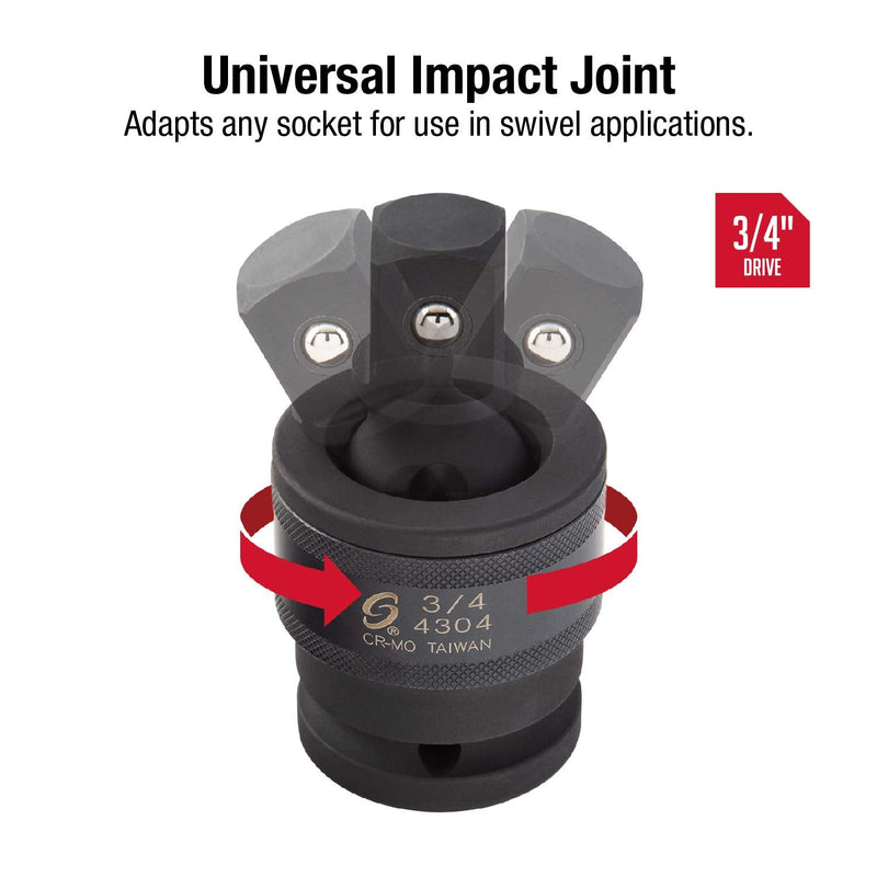 SUNEX TOOLS 4304, 3/4 Inch Drive, Universal Impact Joint, Cr-Mo Steel, Radius Corner Design, Flexible, Meets ANSI Standards