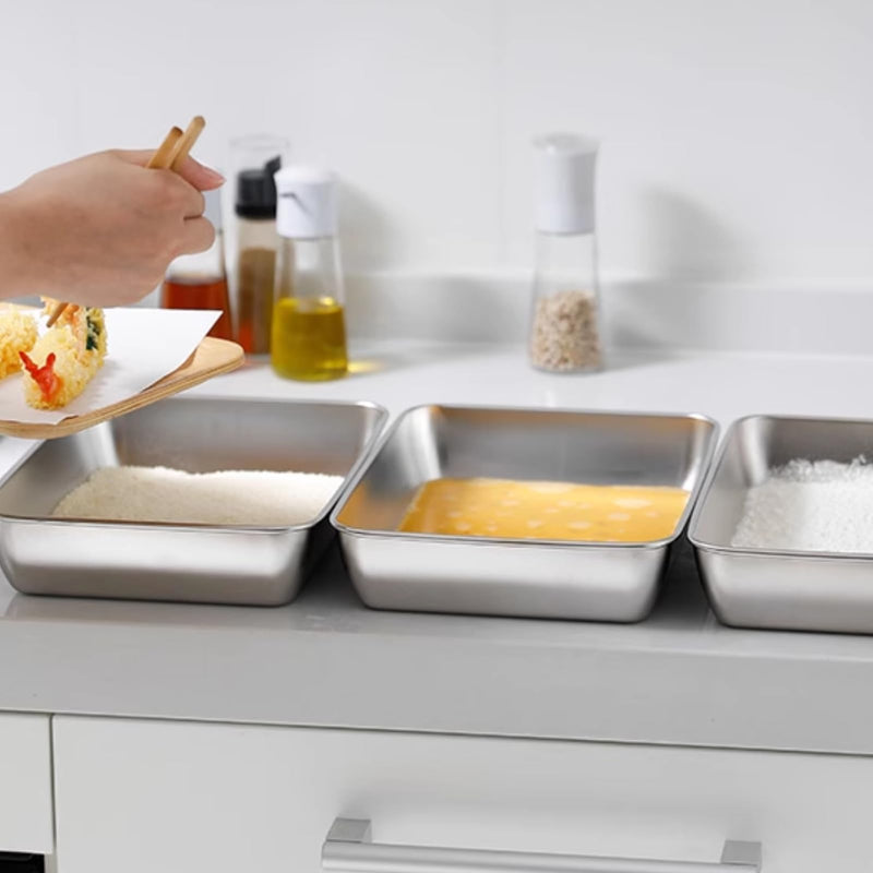 Set of 3 Breading Pans, Chicken Cutlet Dredging Trays with Stainless Steel Oil Filter Tray Breading Trays for Cooking, Food Prep for Preparing Bread-Crumb Dishes, Panko, Schnitzel