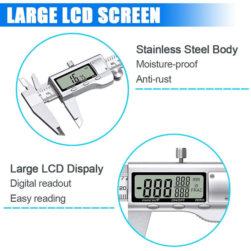 Digital Caliper Measuring Tool, Stainless Steel Vernier Caliper Digital Micrometer with Large LCD Screen, Easy Switch from Inch Metric Fraction, 6 Inch Caliper Tool for DIY/Household 20-F