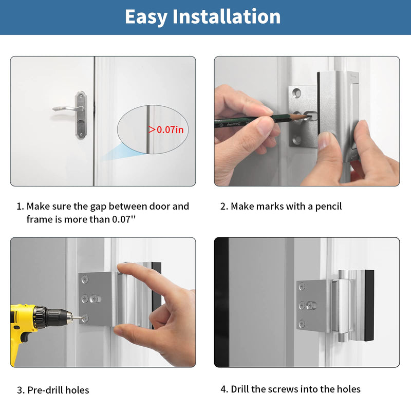 Home Security Door Reinforcement Lock Safety Latch Extra Front Doors Security Devices, Anti Door Kick in Safety Protector for Door Inside, Child Proof Aluminum Locks Silver 2Pack