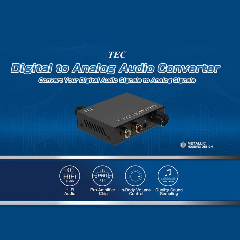 TEC TDACVT-01 Digital-to-Analog Audio Converter (DAC) with Volume Control – Supports 192kHz/24bit, Optical (SPDIF) & Coaxial Input to RCA & 3.5mm Output, Hi-Fi Home Audio Adapter