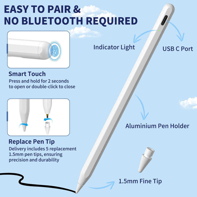 iPad Apple Pencil 9th&10th Generation, Fast Charge Stylus Pen for iPad Palm Rejection and Tilt Sensitivity, Compatible with iPad Pro 11/12.9in, iPad Mini 5/6, iPad 6/7/8/9/10, iPad Air 3/4/5 (White) White