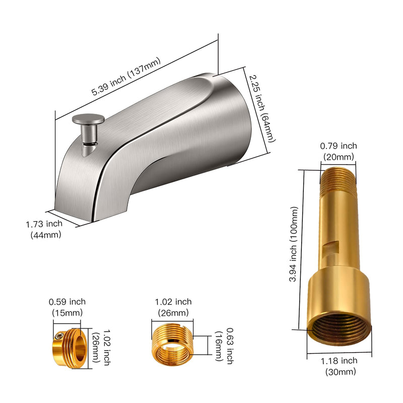 Brushed Nickel Bathtub Spout with Diverter, All Metal,5.3 Inch Tub Spout, Fits 1/2" Copper Slip-On and 1/2" or 3/4" IPS Threaded Pipes, Leak-Free, Slip Fit Tub Spout with Pull-Up Diverter Brushed Nickel