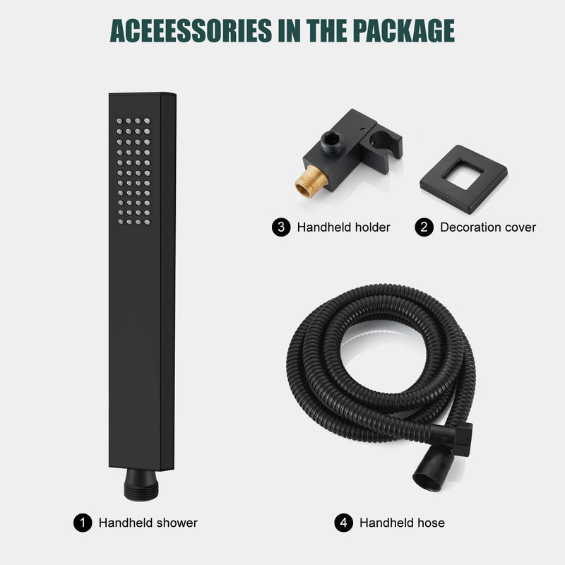 Heyalan SUS304 Stainless Steel Handheld Shower Wand High Pressure Luxury Shower Set High Flow Rectangle Hand Shower Spray with Wall Connector Holder and hose, Straight Style Matte Black