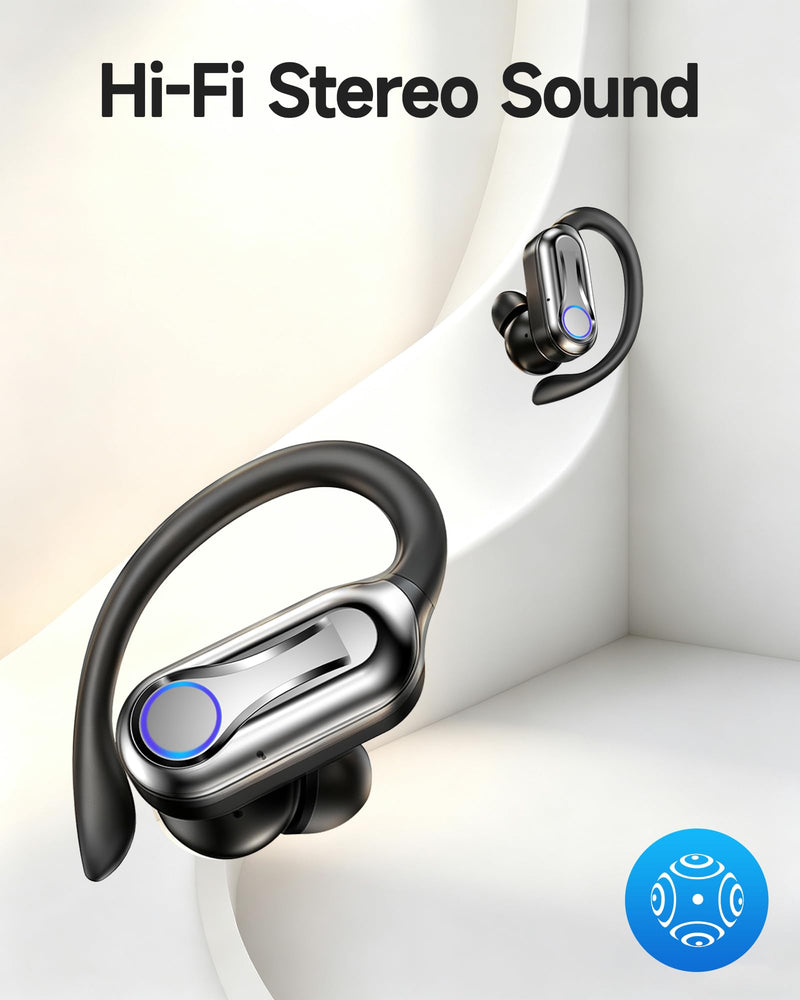 Wireless Earbuds, Bluetooth Headphones 6.1, 90H Playtime Ear Buds with Hooks for Sports, Dual LED Display Earphones IPX7 Waterproof for Gym/Runing/Workout deep black